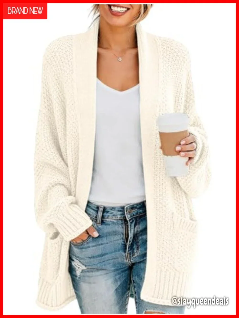 Women's Chunky Knit Open Front Cardigan with Pockets